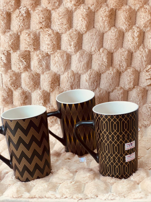 Ceramic Coffee Mug Stripe Patterned Black & Gold photo 1